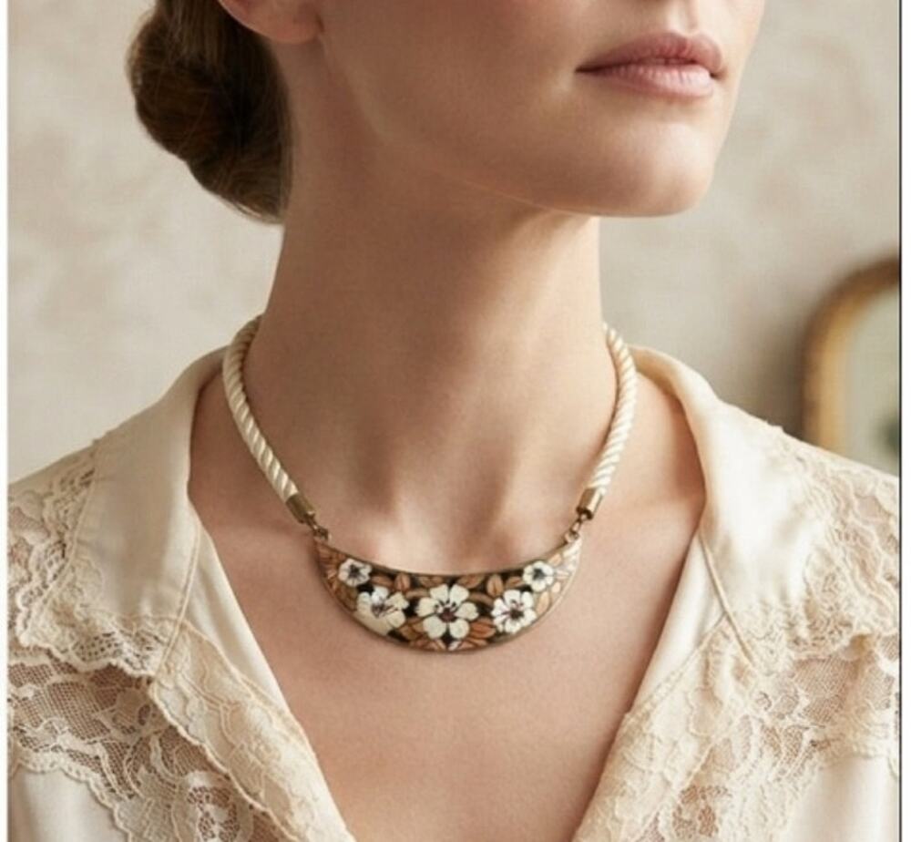 Vintage 80's  Stamped SITI Floral Crescent Cloissone and Rope Choker